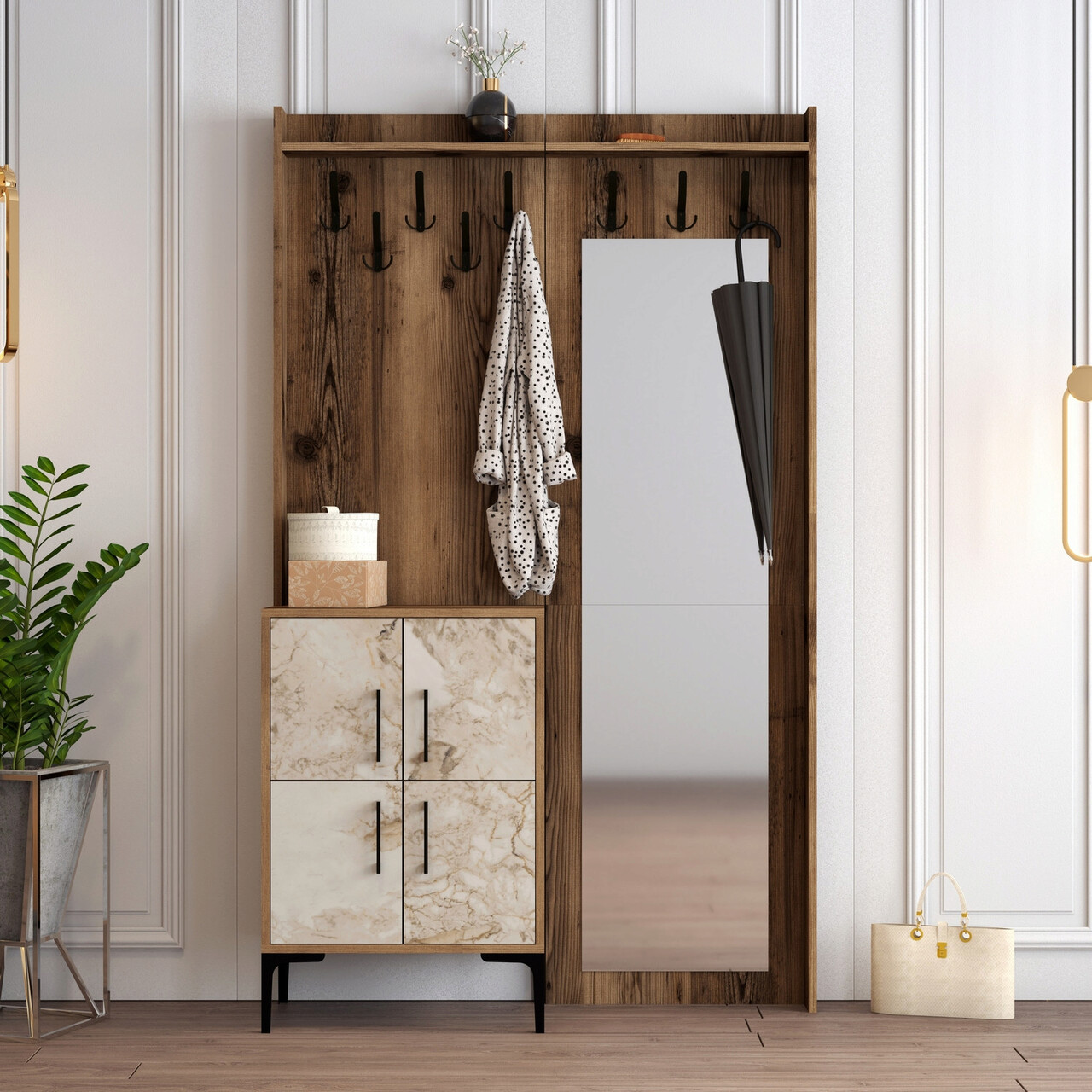 Cuier de perete, Hanah Home, Berlin BC, 120x200x35 cm, Nuc/Alb - imagine 7